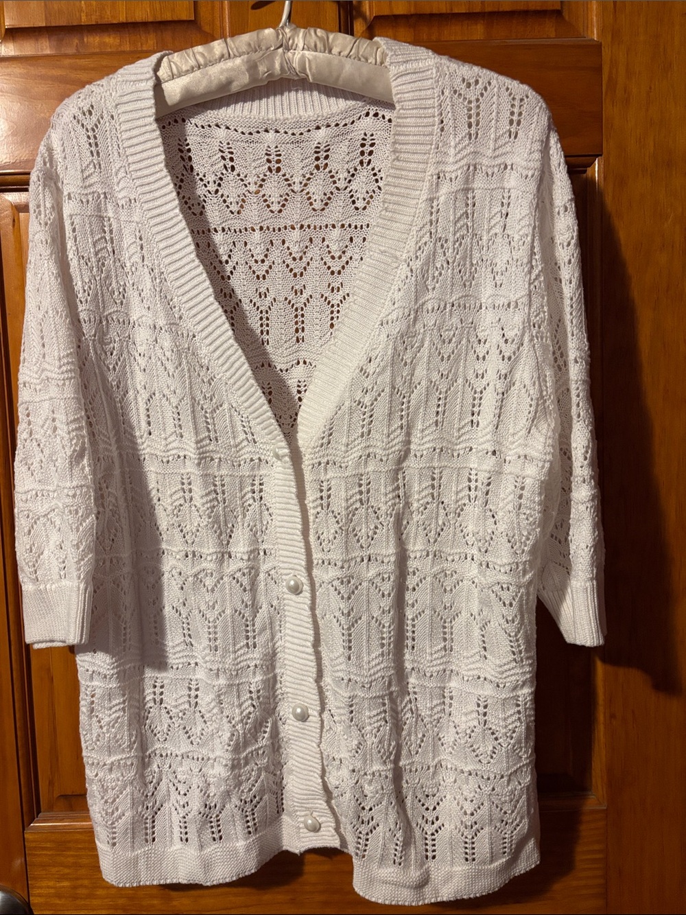 White Open-Knit V-Neck Cardigan Sweater